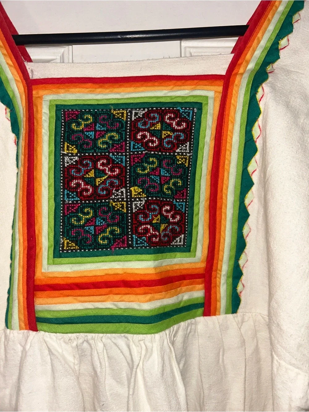 White Embroidered Mexican-Style Girls' Dress with Rainbow Trim